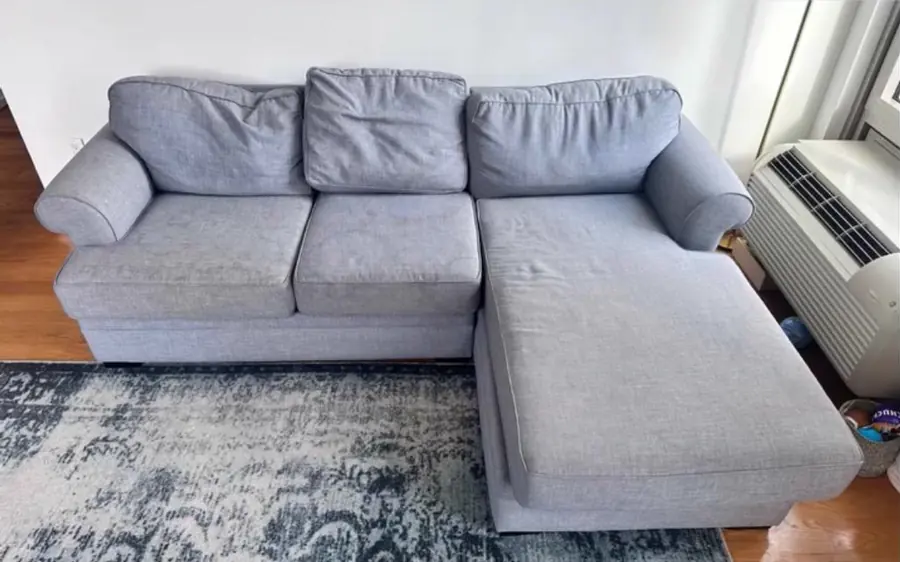 Before cleaning: blue-gray sectional with chaise